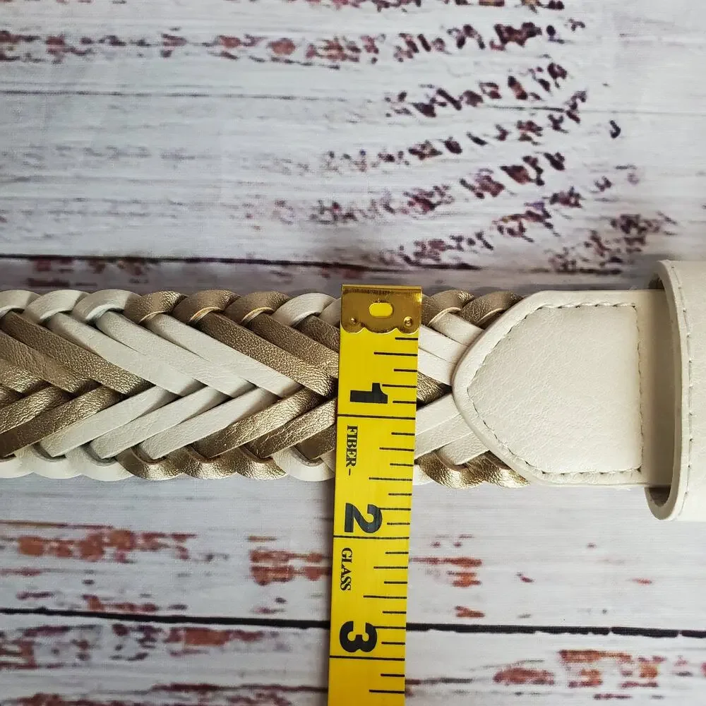 Leather Belt White Gold Silver Tone Buckle Classic Braided Adjustable 1.5 X 37.5